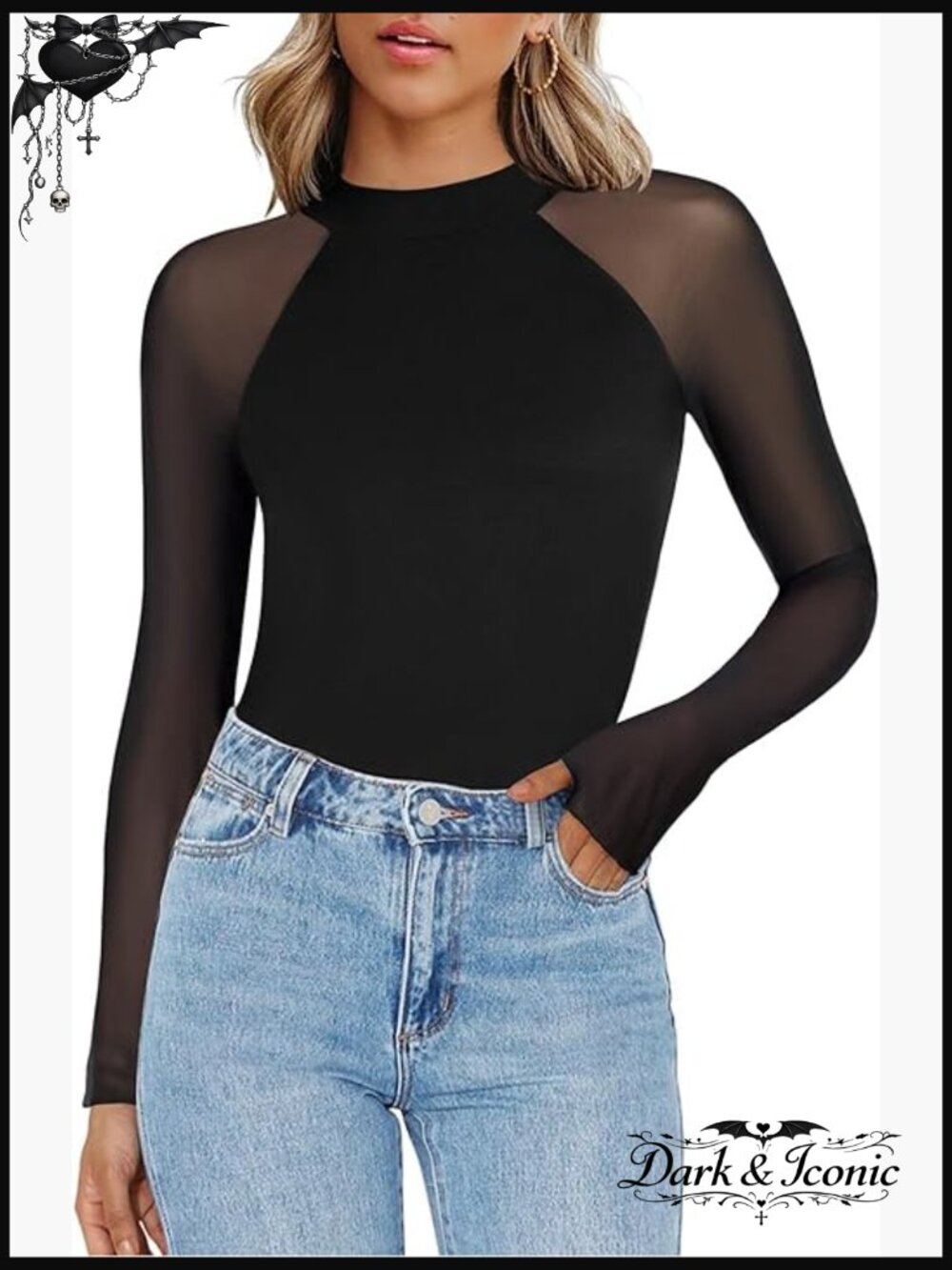 Floral Mesh Sheer Long Sleeve Top Mock Neck Double Lined